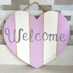 Hand-Painted, Wood Welcome Heart-Shaped Wall Hanging Plaque
